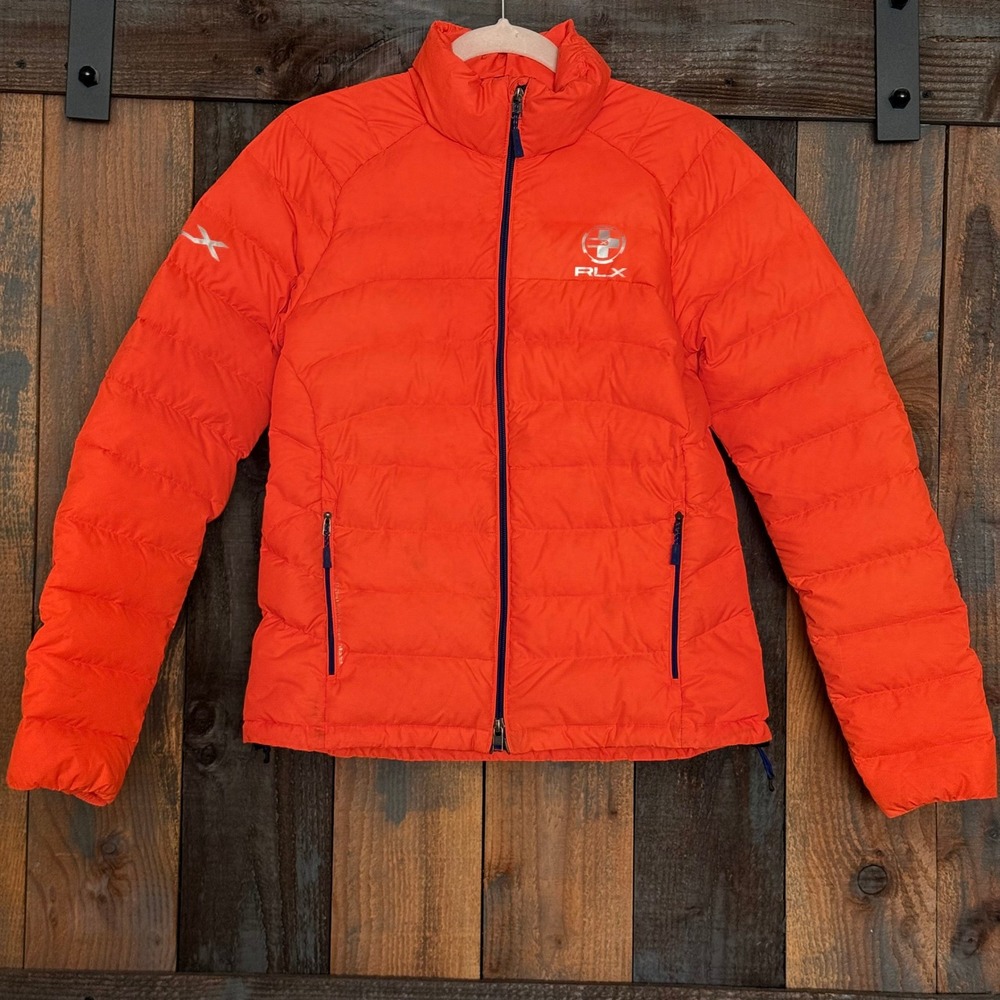 RLX Ralph Lauren Mens Orange Down Puffer Jacket Size S Full Zip Quilted 41381